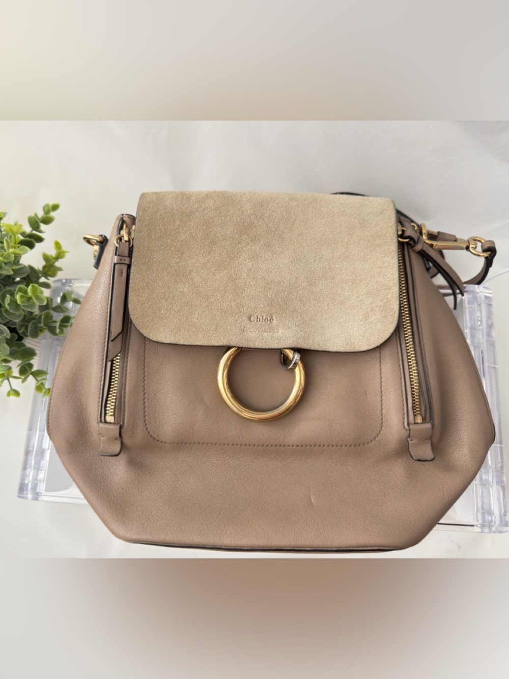 Chloe Taupe & Beige Faye Shoulder Bag/backpack with Gold Ring